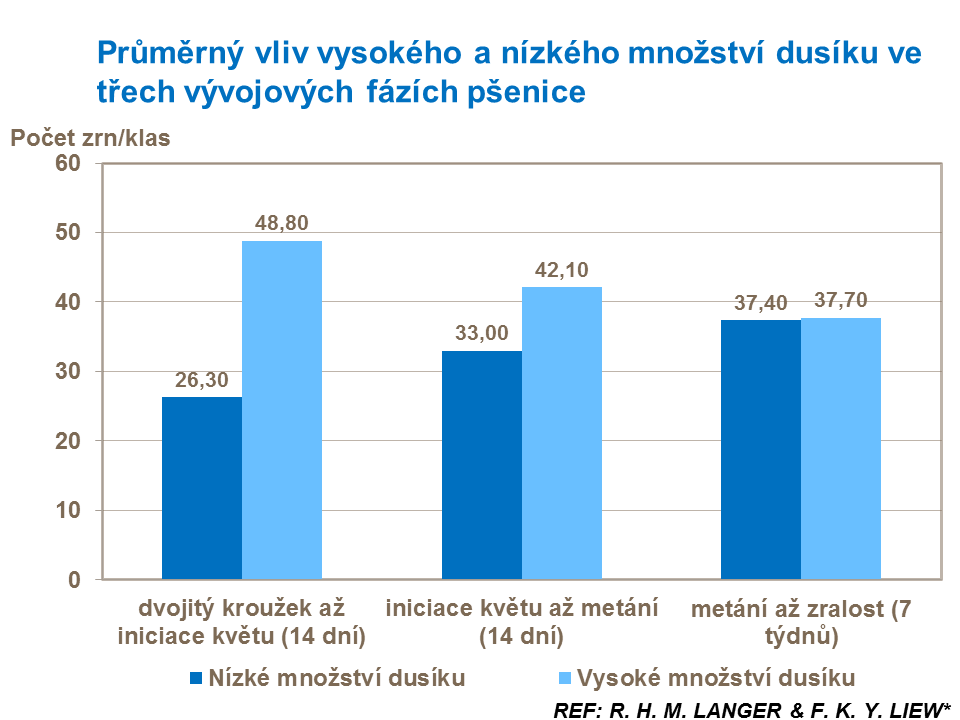 Průměrný vliv vysokého a nízkého množství dusíku ve třech vývojových fázích pšenice