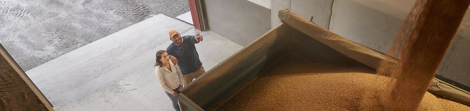 Farmář s dcerou sledují odvoz pšenice