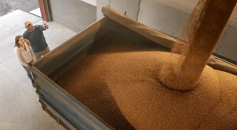 Farmář s dcerou sledují odvoz pšenice